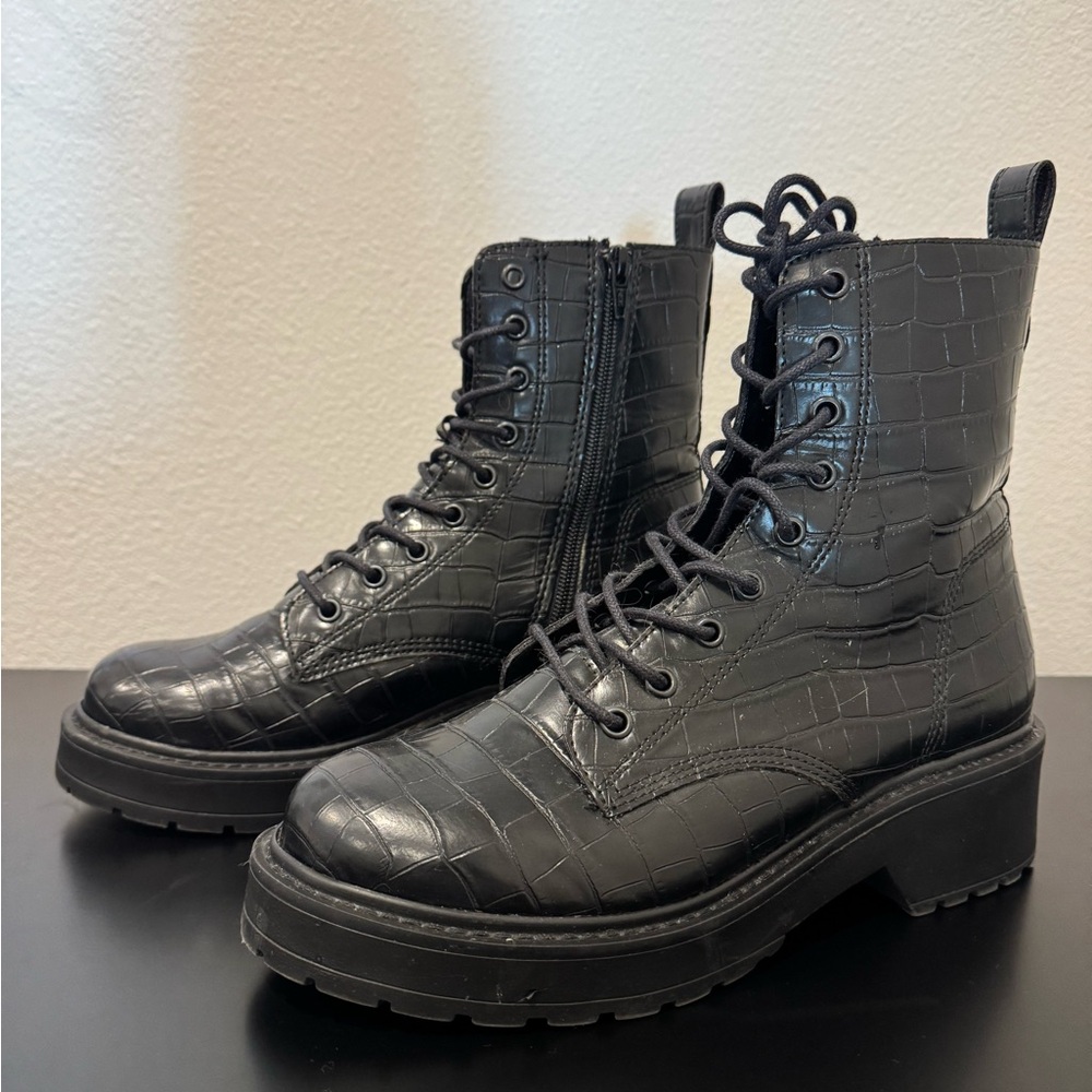 Steve Madden Black Croc-Pattern Combat Boots